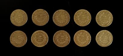 Dix pièces de 20 francs or Napoléon III,...