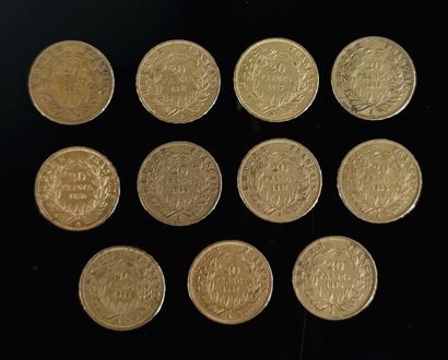 Onze pièces de 20 francs or Napoléon III,...