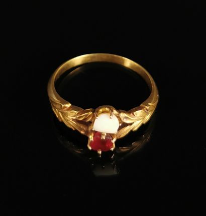 null Yellow gold ring set with a red stone and a piece of ivory.

Finger size: 53

Gross...