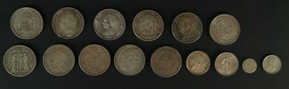 null Ensemble de pièces en argent comprenant :

- Deux pièces de 5 francs Semeuse,

-...