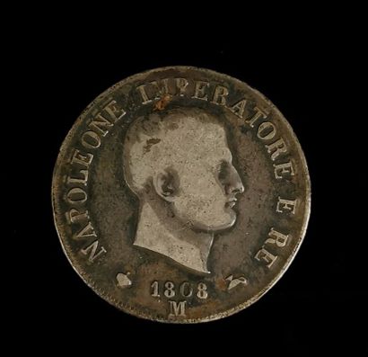 null ROYAUME D'ITALIE. Napoléon 1er. 

Pièce de 5 lire an argent, 1808, marquée NAPOLEONE...