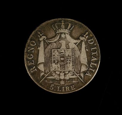 null ROYAUME D'ITALIE. Napoléon 1er. 

Pièce de 5 lire an argent, 1808, marquée NAPOLEONE...
