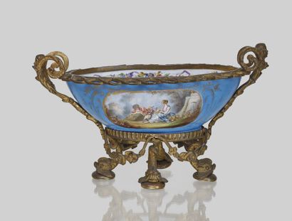 null Porcelain planter with polychrome decoration of a gallant scene in a medallion...