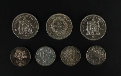 null Meeting of three coins of 50 francs silver, 1977, 1978, 1975, and four coins...