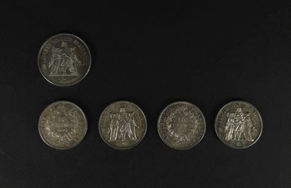 null Set of five silver coins including :

- One 20 francs Hercules coin,

- Four...