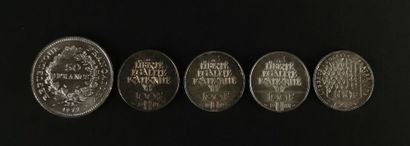 null Réunion de trois pièces de 50 francs argent , 1977, 1978, 1975, et quatre pièces...