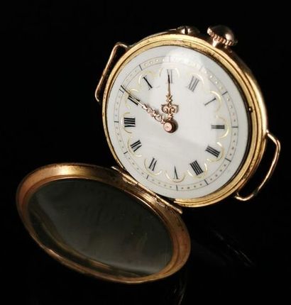 null Yellow gold collar watch, the case chased with foliage on a guilloche background.

The...