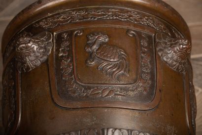 null CHINE, XIXème siècle.

Cache-pot en bronze à patine brune à décor de dragon...