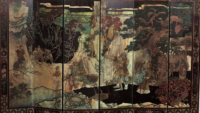 null CHINA.

Five-leaf Coromandel lacquer screen, depicting scholars and craftsmen...