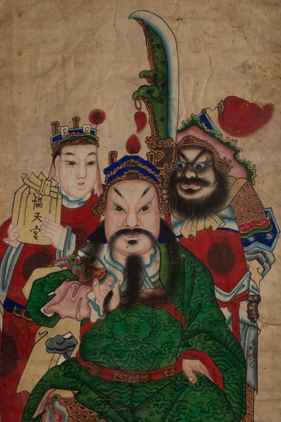 null CHINA, 20th century.

Colors on paper, featuring three characters, one on a...