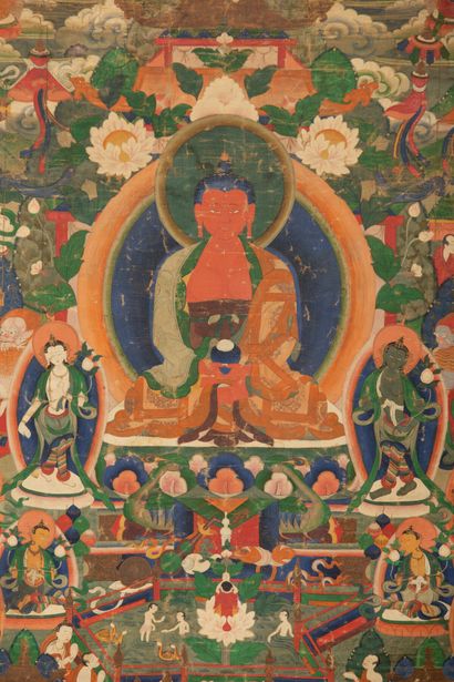 null TIBET, XIXème siècle.

Thangka, peinture sur tissu figurant Bouddha Amitabha...