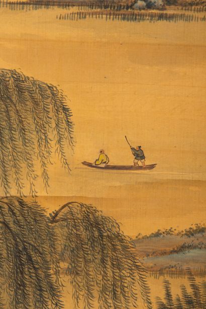 null CHINA.

Ink and colors on silk, depicting a junk in a lake landscape planted...