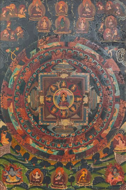null TIBET, around 1900.

Thangka painted on canvas, depicting an assembly of deities...