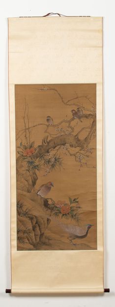 null CHINA.

Ink and colors on silk, showing a group of birds connected to a tree.

Mounted...