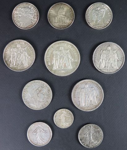 null Ensemble de monnaies en argent comprenant: 

- trois pièces de 100 francs: 1982,...