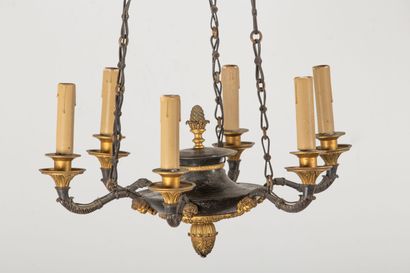 null Chandelier in bronze with dark patina and gilded, finely chiseled, with six...