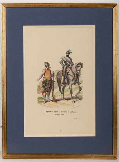 null Five framed engravings representing military: infantry voltigeur, riflemen,...