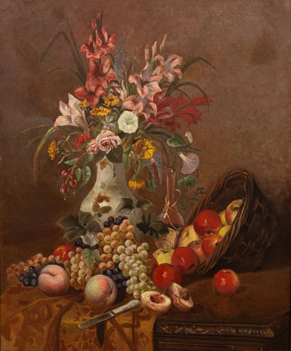 null French school around 1900.

Still life with flowers and fruits

Oil on canvas

H_100,5...