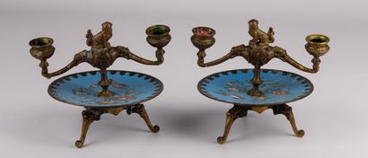 null Pair of candlesticks in bronze and Japanese cloisonné enamel. 

The European...