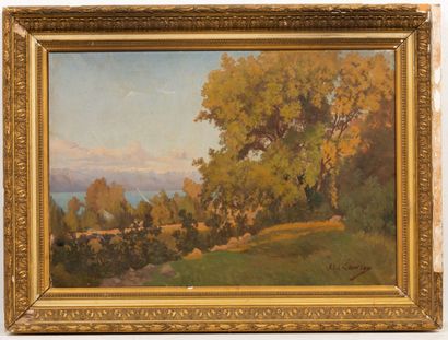 Abel LAUVRAY (1870-1950). 
Paysage lacustre....