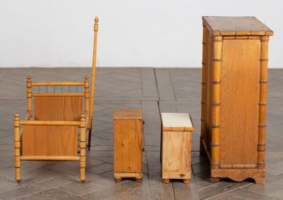 null Bamboo doll furniture set, circa 1900: armoire, chest of drawers, bed and bedside...