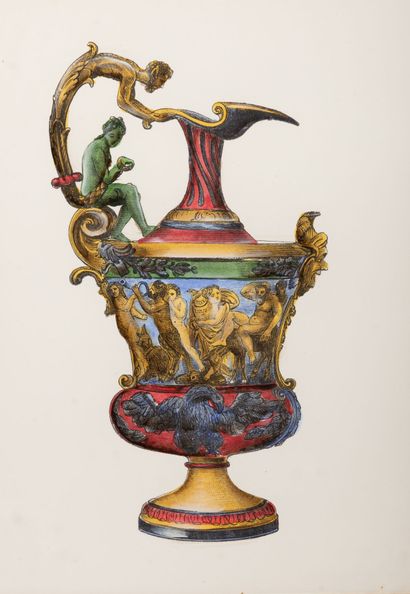 null Ewer and vase.

Two engravings put in colors.

Wooden frame and circular plates...