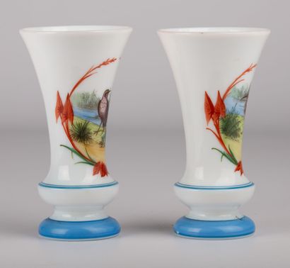 null Pair of opaline cone vases with polychrome decoration of birds.

Napoleon III...
