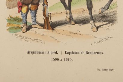 null Cinq gravures encadrées figurant des militaires : voltigeur d'infanterie, carabiniers,...