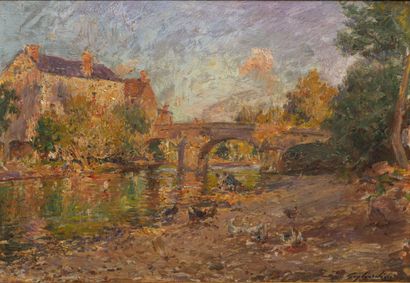 null Julien Gustave GAGLIARDINI (1846-1927)

Poules à la rivière, près d'un pont.

Huile...