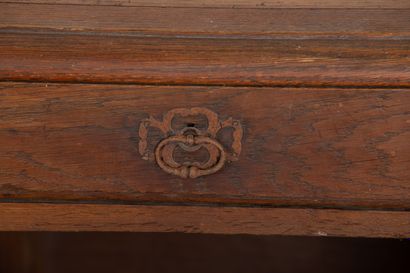 null Oak chest transformed into a desk, decorated with pilasters, palms and angel...