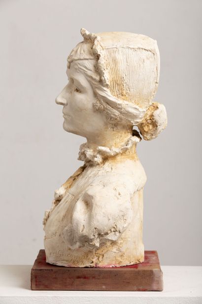 null Buste de femme en plâtre patiné, signé à la base Ga Giacometti, et daté 1884.

H_39...