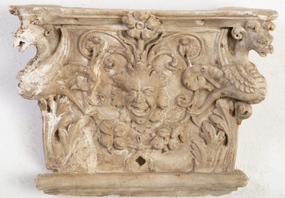 null Three elements of stucco capital with grotesque decoration. 

H_31 cm W_40 cm...