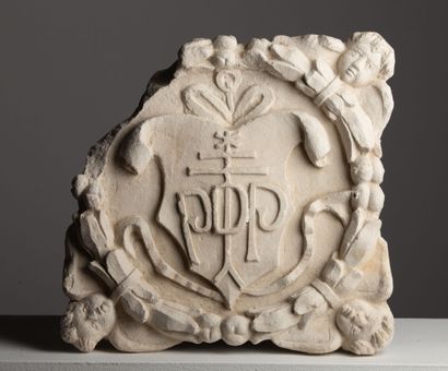 
Cartouche in stone, figured, with decoration...