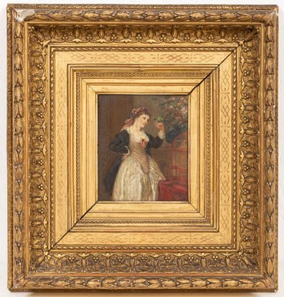 null French school of the 19th century 

Woman with a bird 

Oil on panel 

H_13,5...