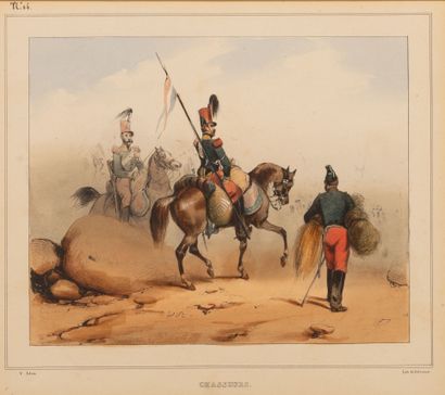 null Five framed engravings representing military: infantry voltigeur, riflemen,...