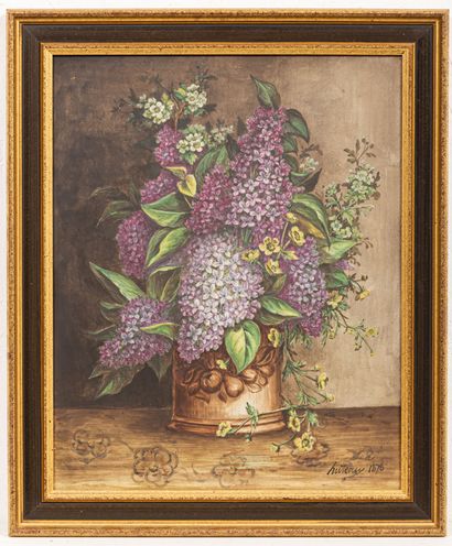 null HUTEAU, 1878.

Bouquet of lilacs .

Oil on porcelain plate, signed and dated...