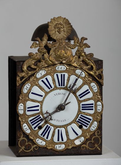 null Floor clock with bronze movement and enamelled cartridge dial. 

The pediment...