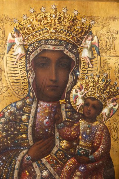  Importante icône de la Vierge Marie Chenstokhovska. 
Pologne, XXème siècle. 
Tempera...