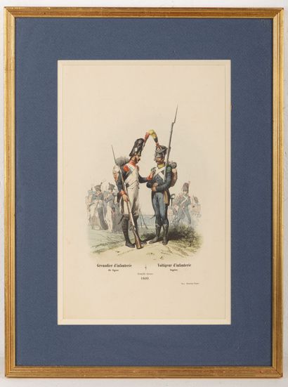 null Cinq gravures encadrées figurant des militaires : voltigeur d'infanterie, carabiniers,...