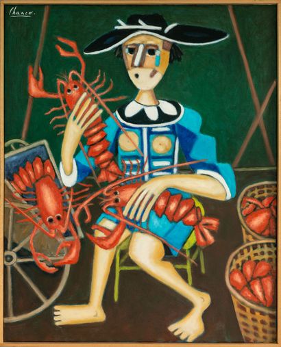 null Roland CHANCO (1914-2017).
La marchande de homards.
2004. 
Huile sur toile....