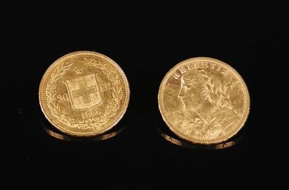 null Deux pièces de 20 francs or suisses, 1896 et 1900.
12,90 grammes