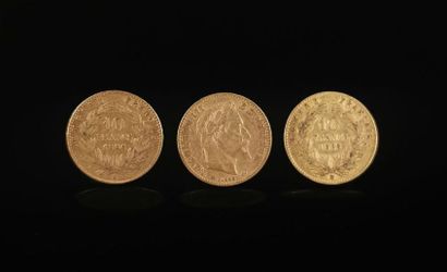 null Trois pièces de 10 francs or Napoléon III.
Deux de 1866 et une de 1865.
9.62...
