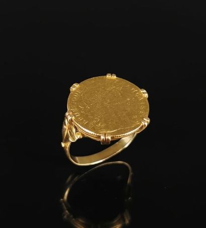 null Bague en or jaune, sertie d'une pièce de 20 francs or 1906.
Tour de doigt :...