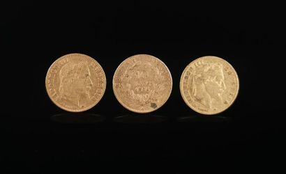 null Trois pièces de 10 francs or Napoléon III.
Deux de 1866 et une de 1865.
9.62...