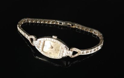 null Montre bracelet de dame, le bracelet en platine orné de diamants.
Le boîtier...