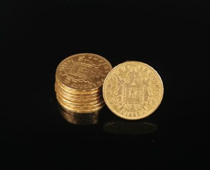 null Huit pièces de 20 francs or Napoléon III.
Entre 1861 et 1869.
51.43 grammes.
Ce...