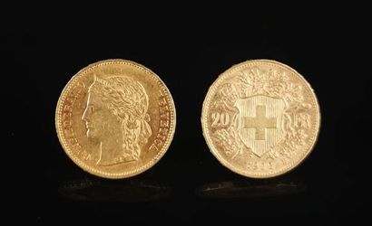 null Deux pièces de 20 francs or suisses, 1896 et 1900.
12,90 grammes