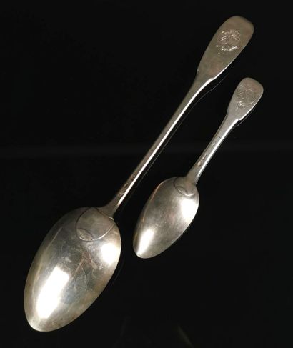null Silver stewing spoon, the spatula decorated with a coat of arms, surmounted...