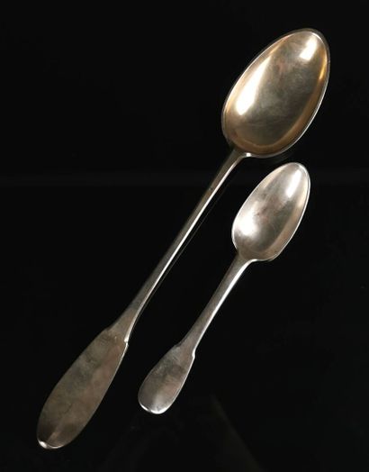 Silver stewing spoon, the spatula decorated...