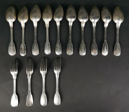 null Set of silver cutlery, partly figured net pattern, including ten soup spoons...